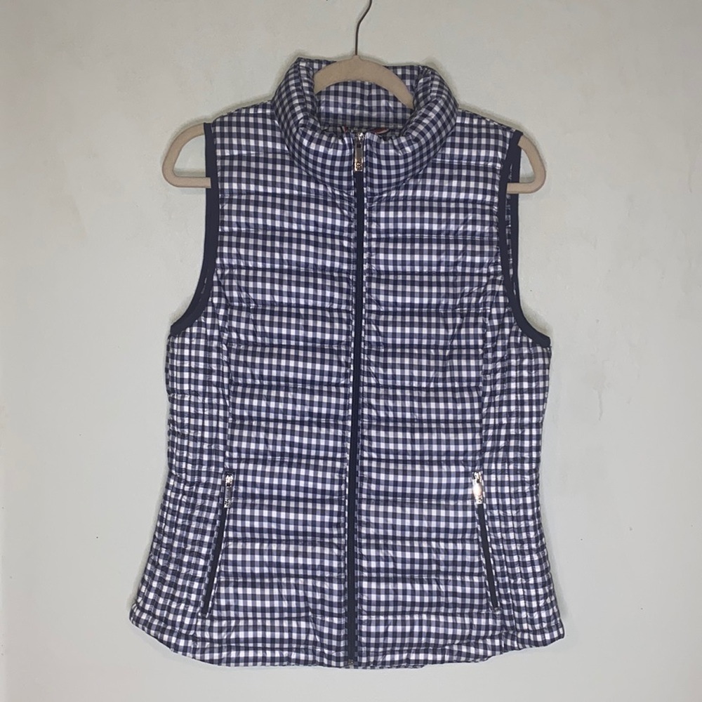 Tommy Hilfiger Packable Lightweight Plaid Zip-up Vest Navy Blue/White-Women’s M
